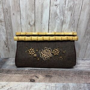 Vintage Beaded Clutch Bamboo Handle Brown Woven Handbag Boho Bag